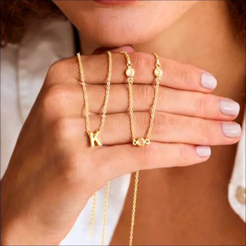 14K Gold-Plated Dainty Layered Initial Necklace with Cubic Zirconia - Picture 5 of 7